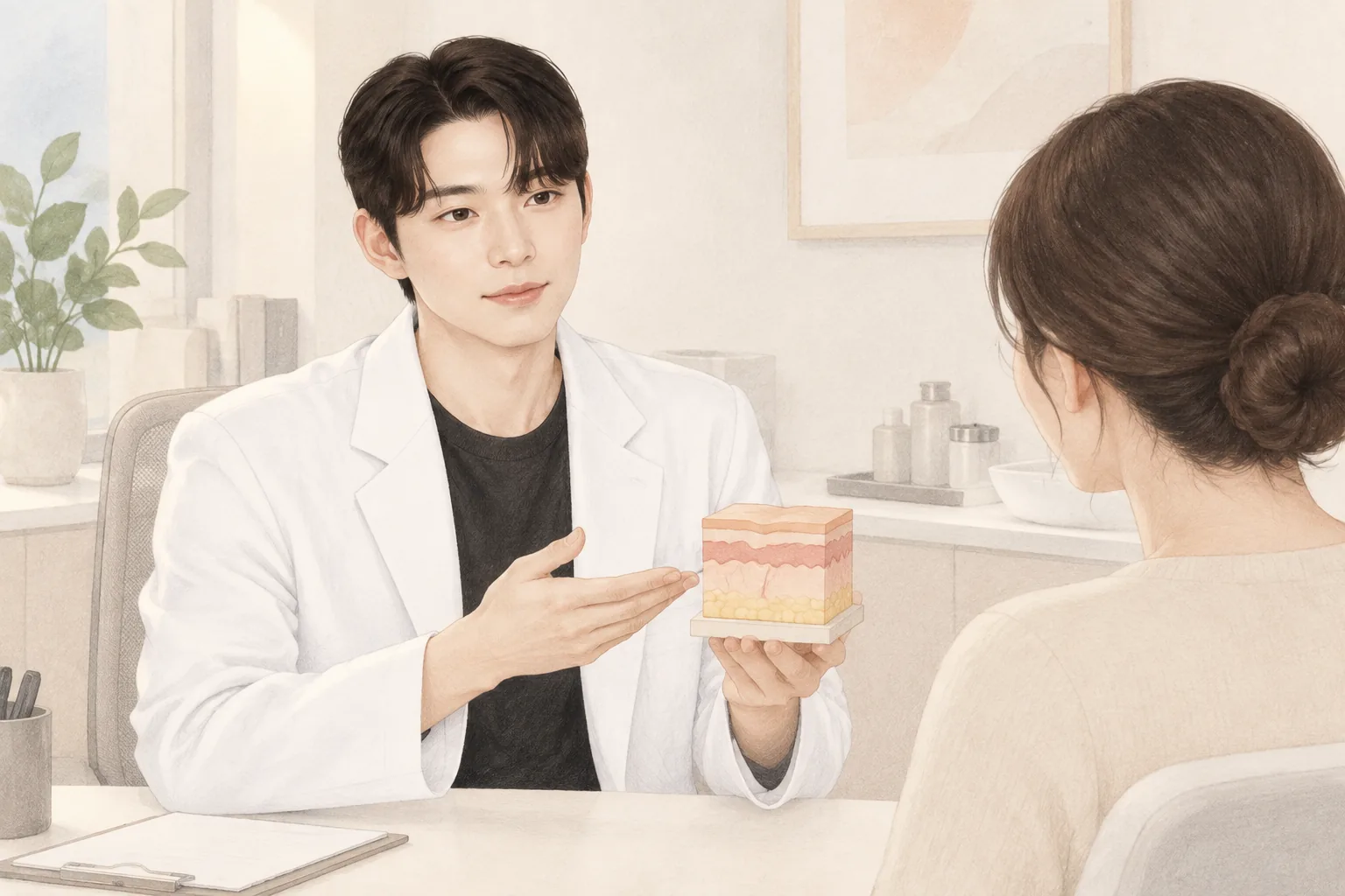 피부 단면 모형을 들고 설명하는 남성 의사와 상담하는 여성 환자