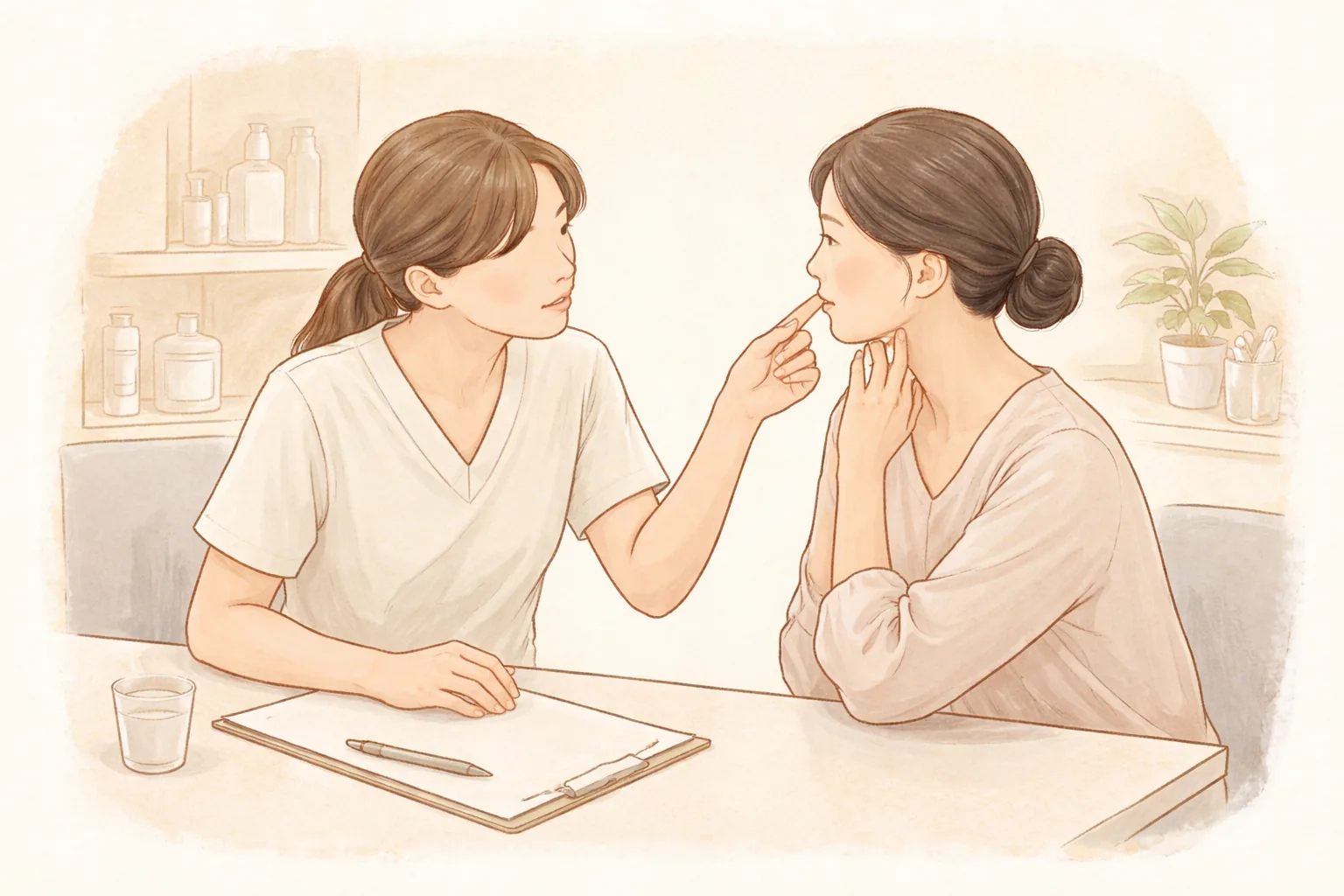 상담실에서 한 명이 앉아 다른 사람의 볼을 가리키며 대화하는 모습