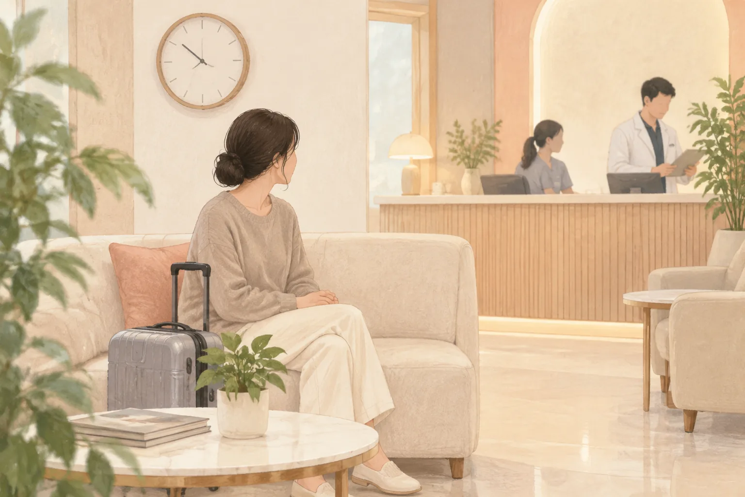 캐리어 옆에 두고 대기실 소파에 앉아 있는 여성과 벽시계, 접수 데스크 뒤 사람들