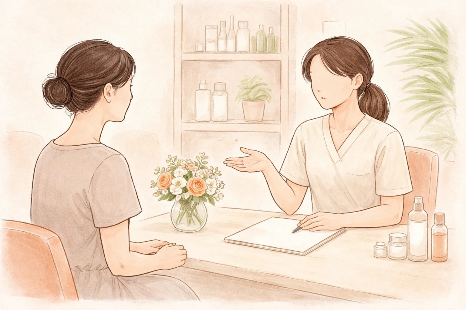 꽃다발 옆에서 상담하는 두 명의 여성, 책상 앞에 앉아 대화 중