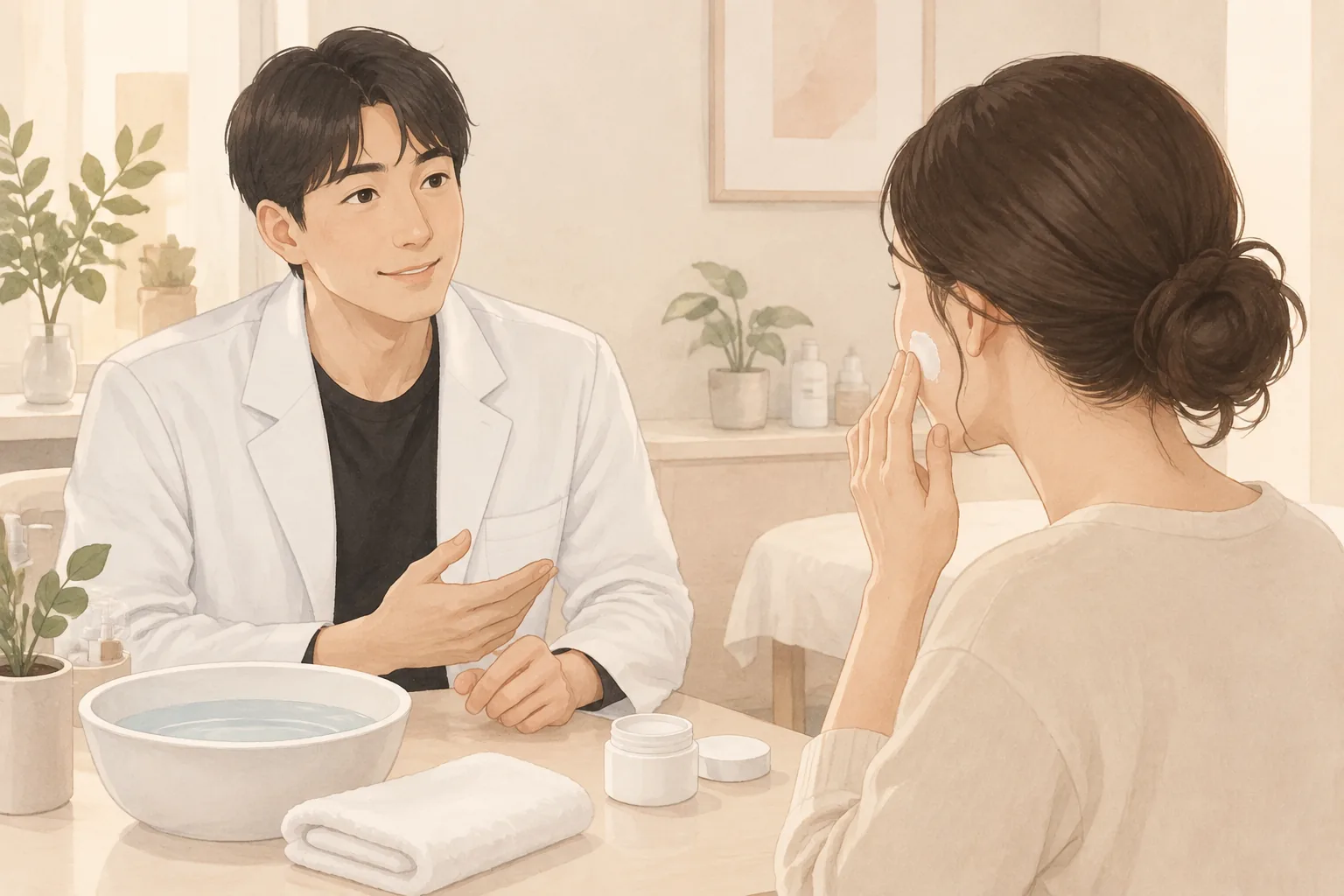 남자가 환자에게 손짓하며 상담하고, 여자가 손끝으로 볼에 보습제를 바름