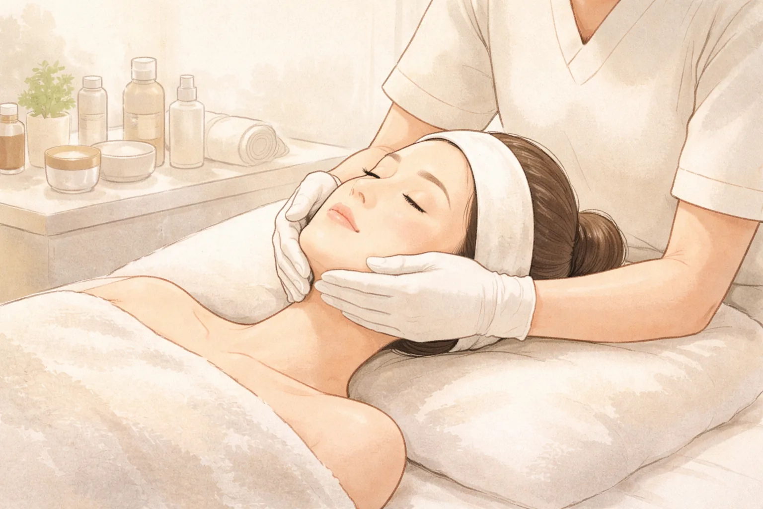 Woman with a headband lying down as gloved hands touch her face