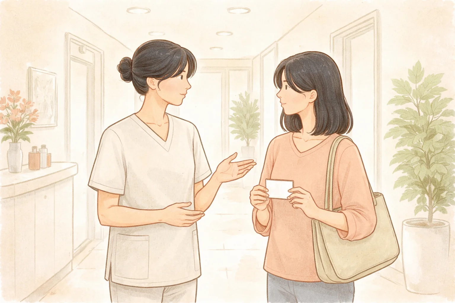 Clinician and female patient in a hallway discussing the next visit timing