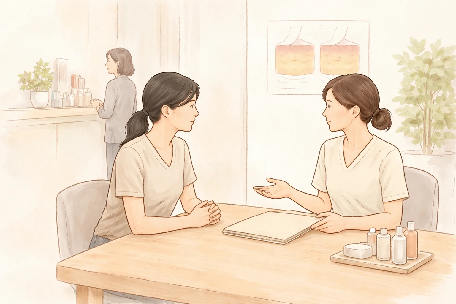 Profesional médico y paciente sentados frente a frente conversando en una mesa de consulta