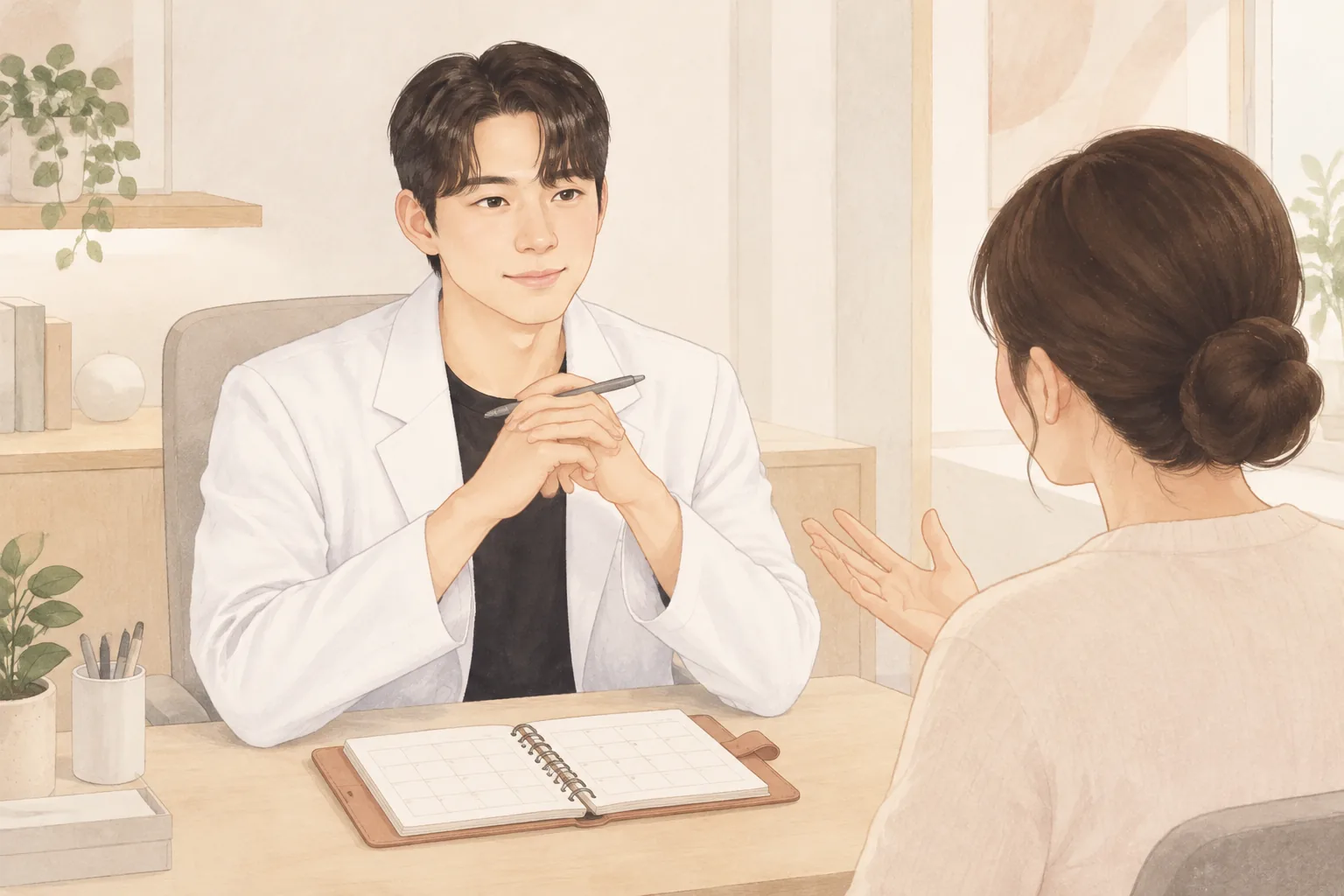 책상 앞에 앉아 대화를 나누는 두 사람