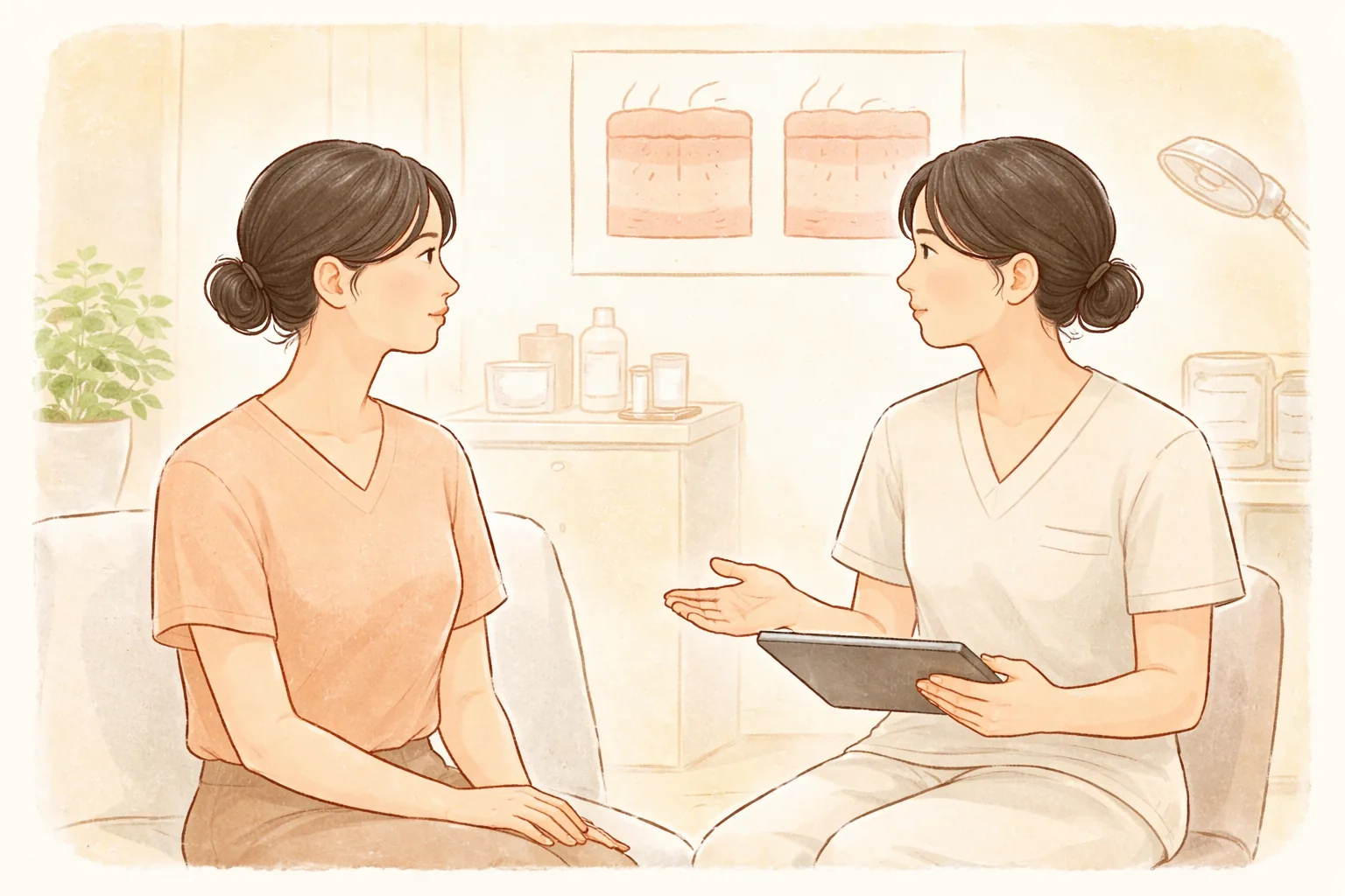 在明亮諮詢室與醫療人員交談的兩位女性