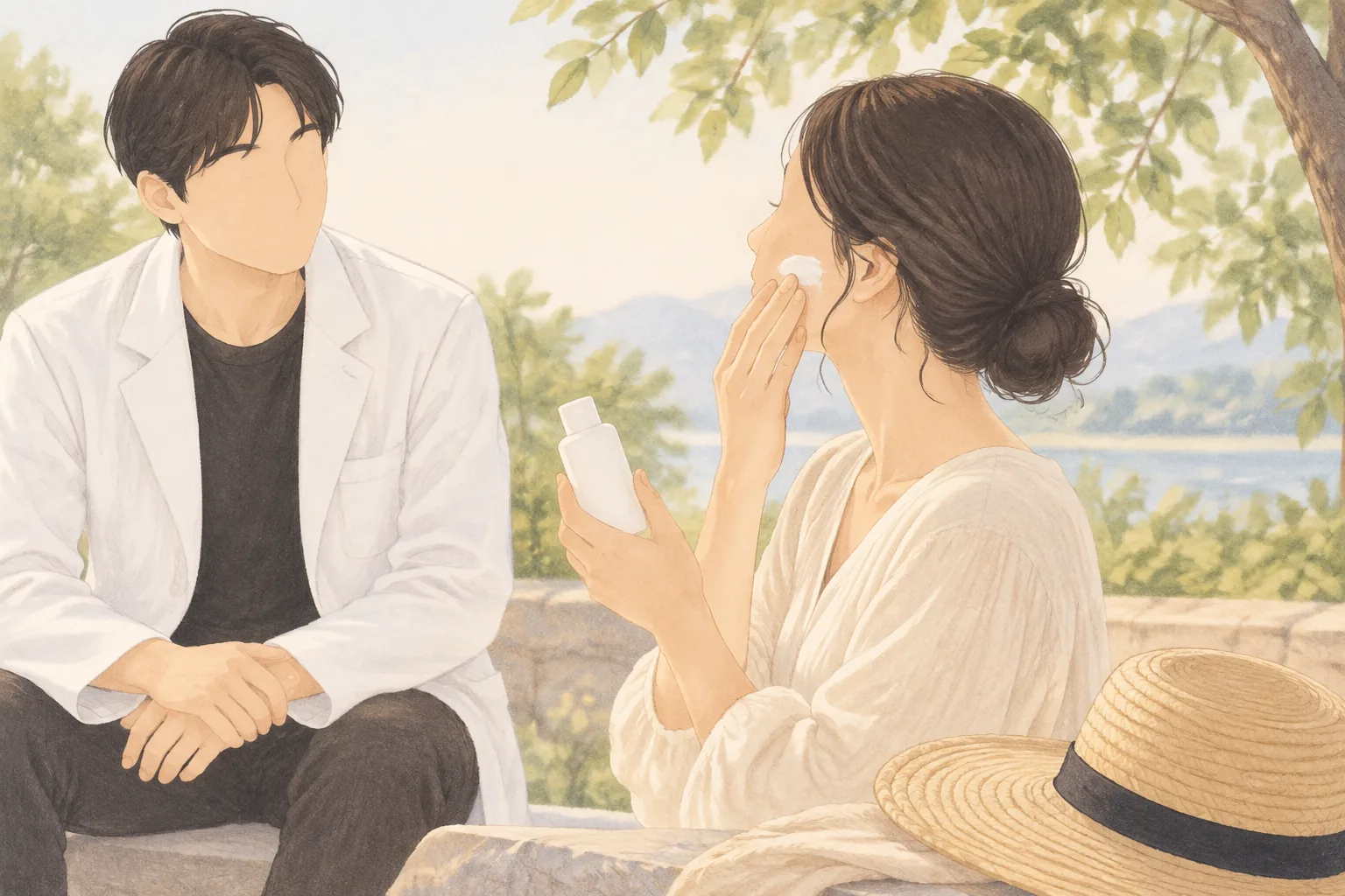 야외에서 여성 환자가 얼굴에 자외선 차단제를 바르고 있고 남성이 옆에 앉아 있다