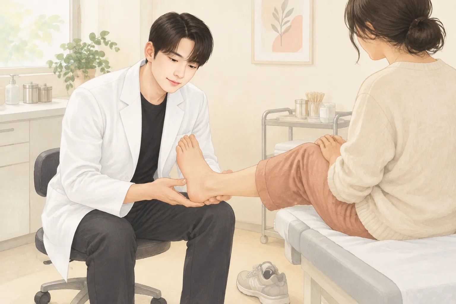 A doctor examines a patient's sole in a clinic