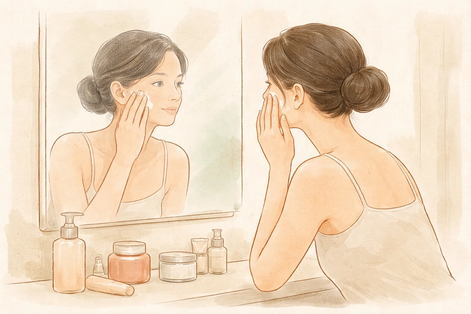 Mujer con el pelo recogido aplicándose crema hidratante en la mejilla frente al espejo junto a envases de cosméticos