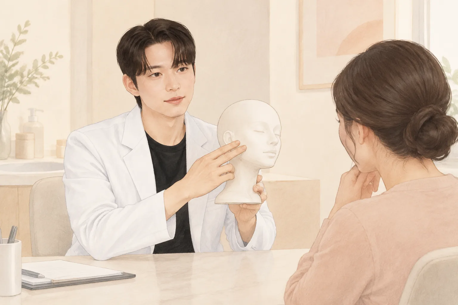 남성이 얼굴 모형을 들고 여성에게 설명하는 모습