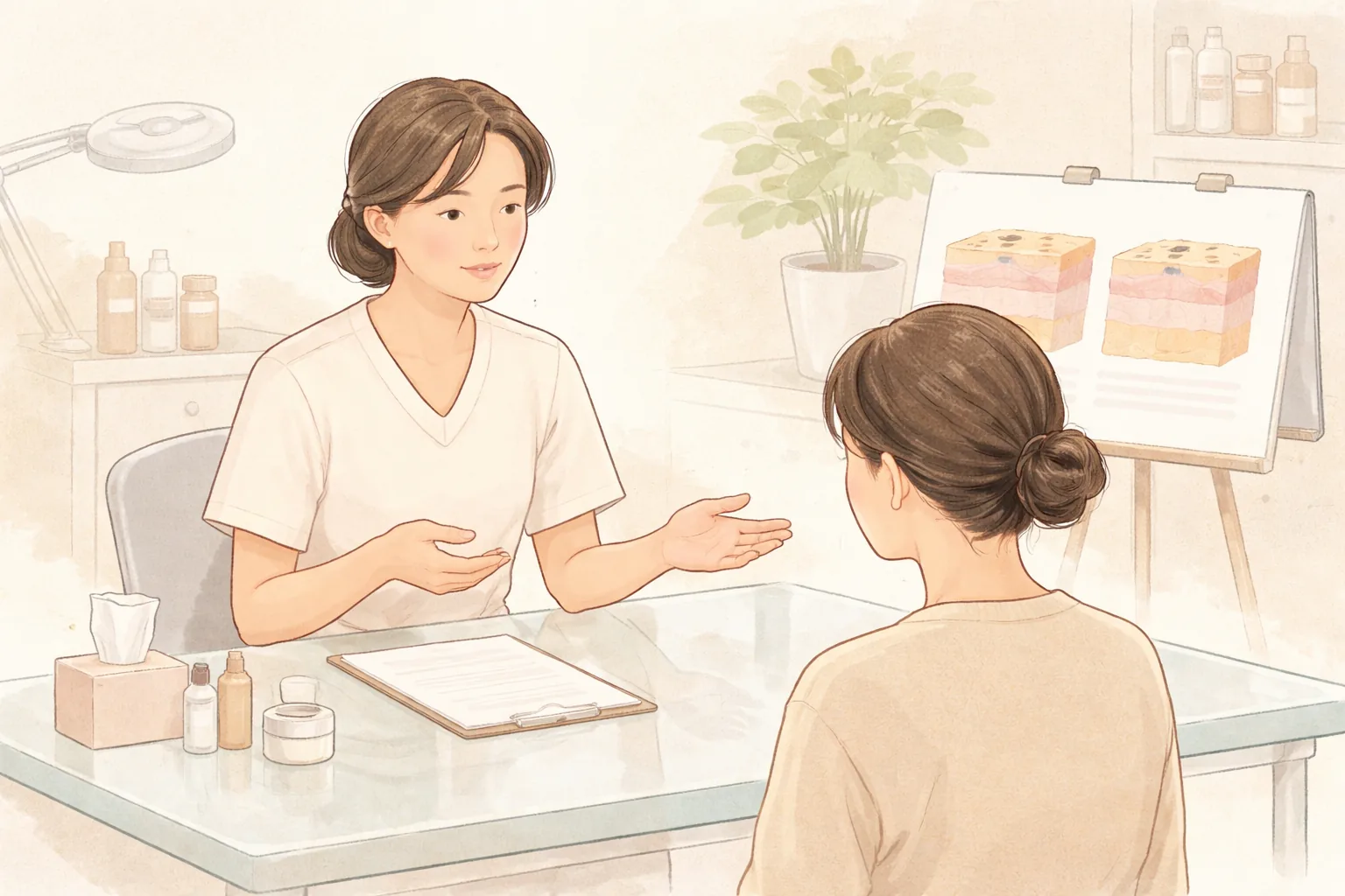 在咨询桌旁相对交谈的两名女性