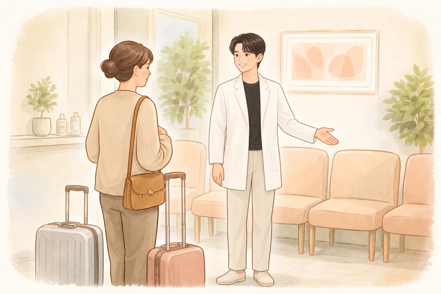 대기실에서 캐리어를 끌고 서 있는 여성과 옆에서 자리를 안내하는 의료진