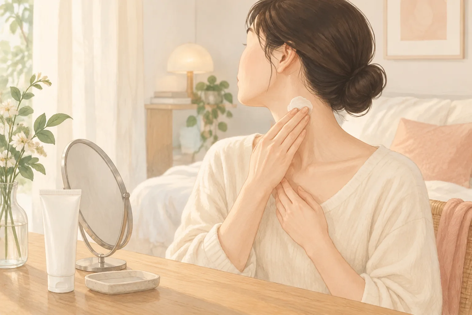 扎发女性在镜前为颈部涂抹护肤品,桌上有软管和镜子