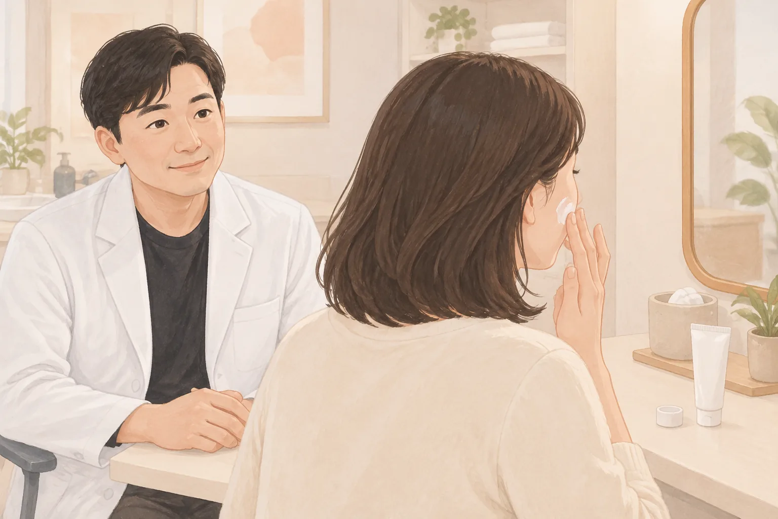 여성이 거울 앞에서 볼에 보습제를 바르고 있고 남성이 이를 지켜보고 있음