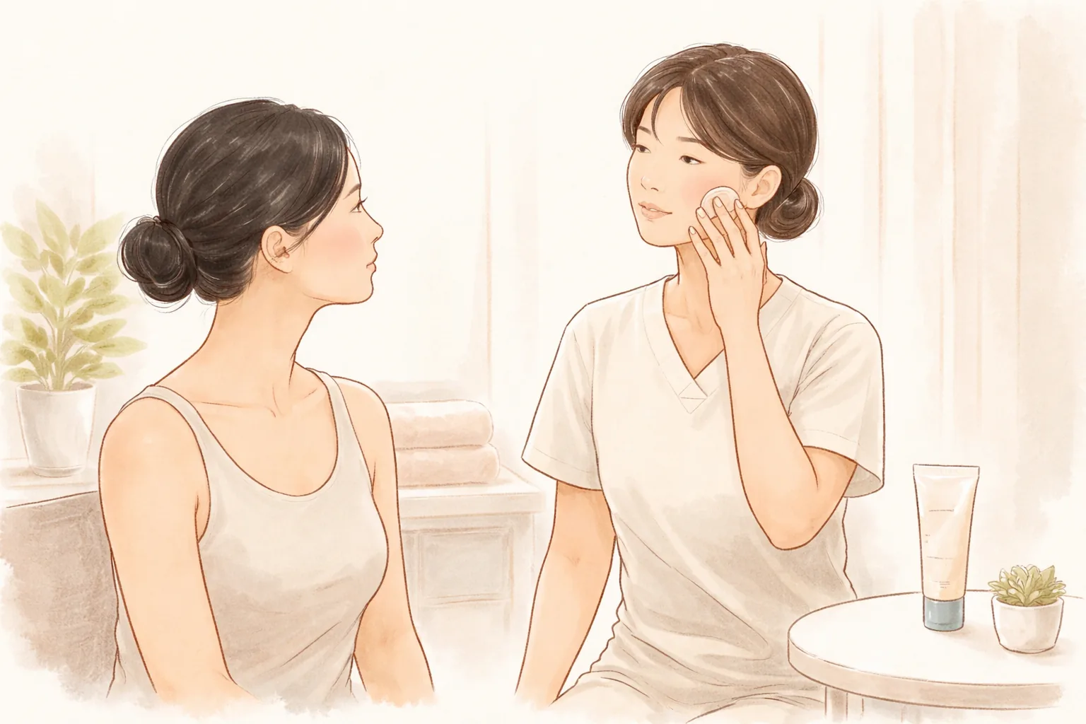 醫療人員以指尖畫圓示範按摩方式,一旁女性坐著觀看