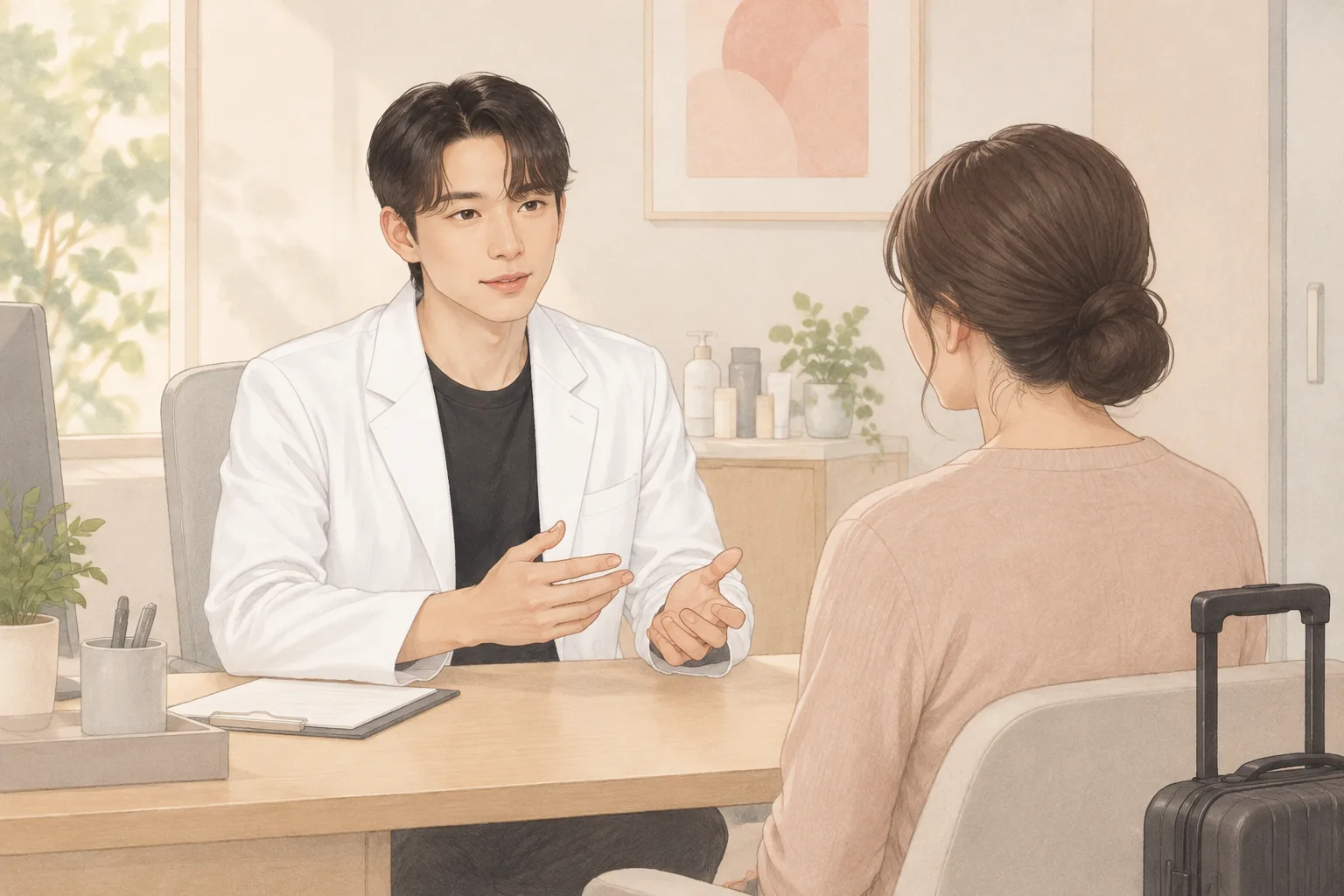 진료실에서 작은 캐리어 옆에 두고 환자와 대화하는 남자 의사와 여자 환자
