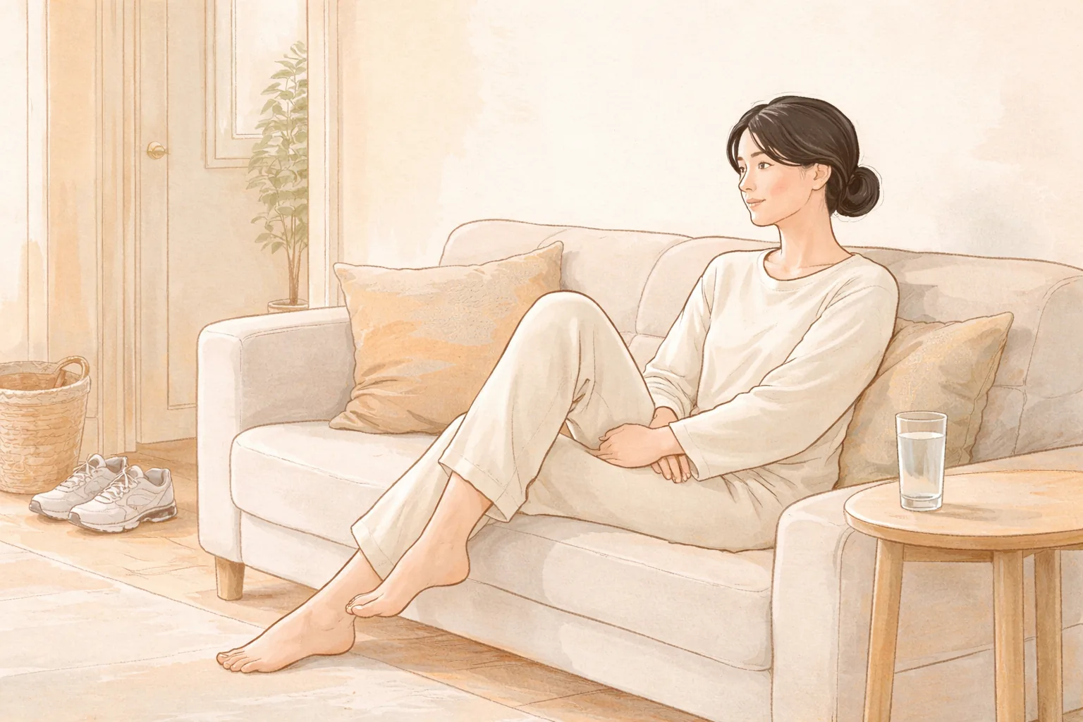 女性舒适地坐在沙发上，右手抱着左膝，旁边桌上放着水杯