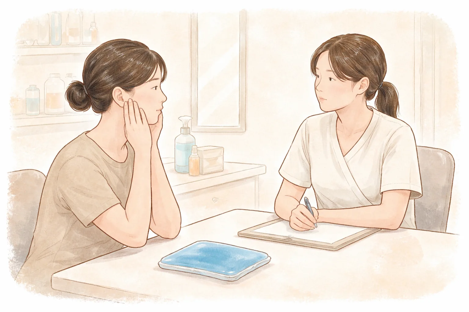 상담실에서 볼에 손을 댄 여성과 의료진이 의자에 앉아 대화하는 모습