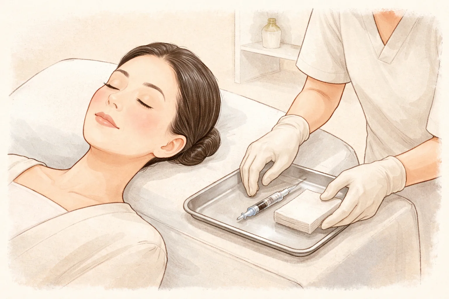 Woman lying on a treatment bed with capped syringes on a tray