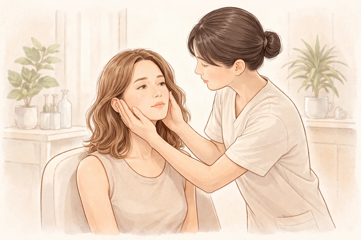 醫療人員以雙手捧著女性臉部,查看皺紋部位