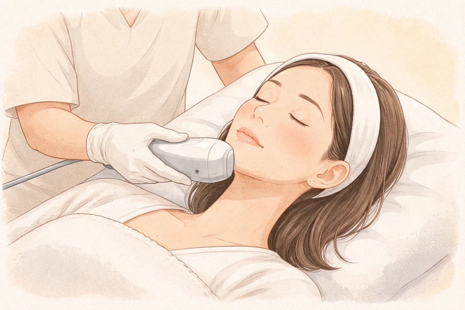 醫療人員將儀器探頭靠近閉眼平躺女性的臉部