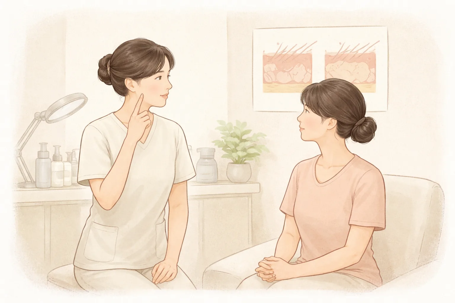 Clinician seated and explaining aftercare to a woman