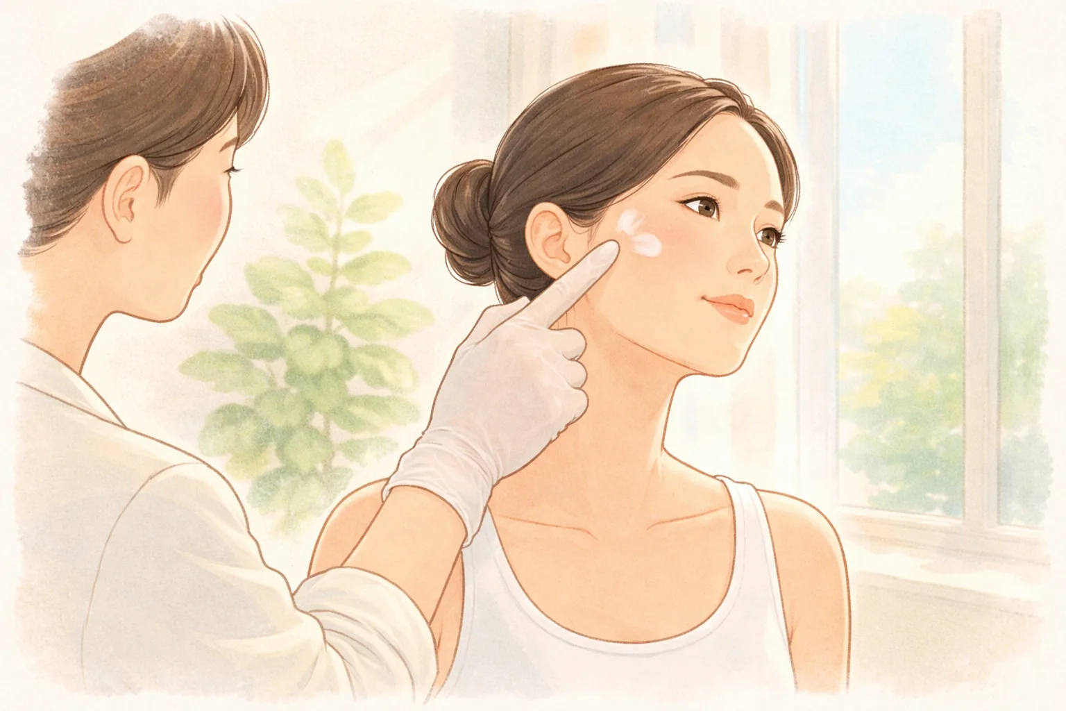 手袋をした医療スタッフが女性の頬に化粧品を塗っている