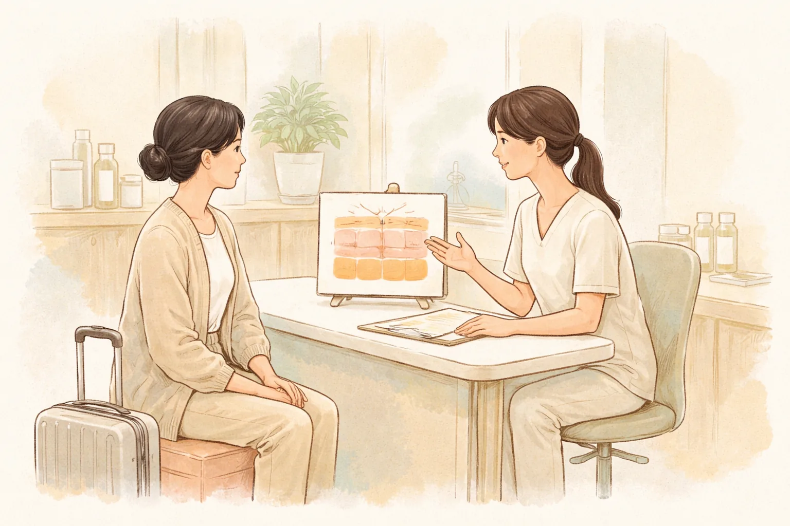 Dos mujeres conversando en consulta junto a una maleta de viaje pequeña