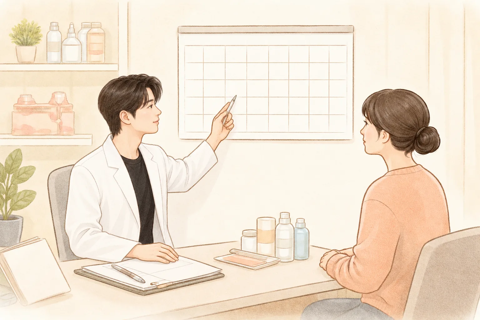 男性醫師指著牆上日曆與女性患者諮詢