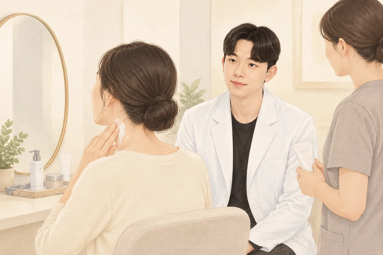 女性在镜前为颈部涂防晒,两人在旁观看