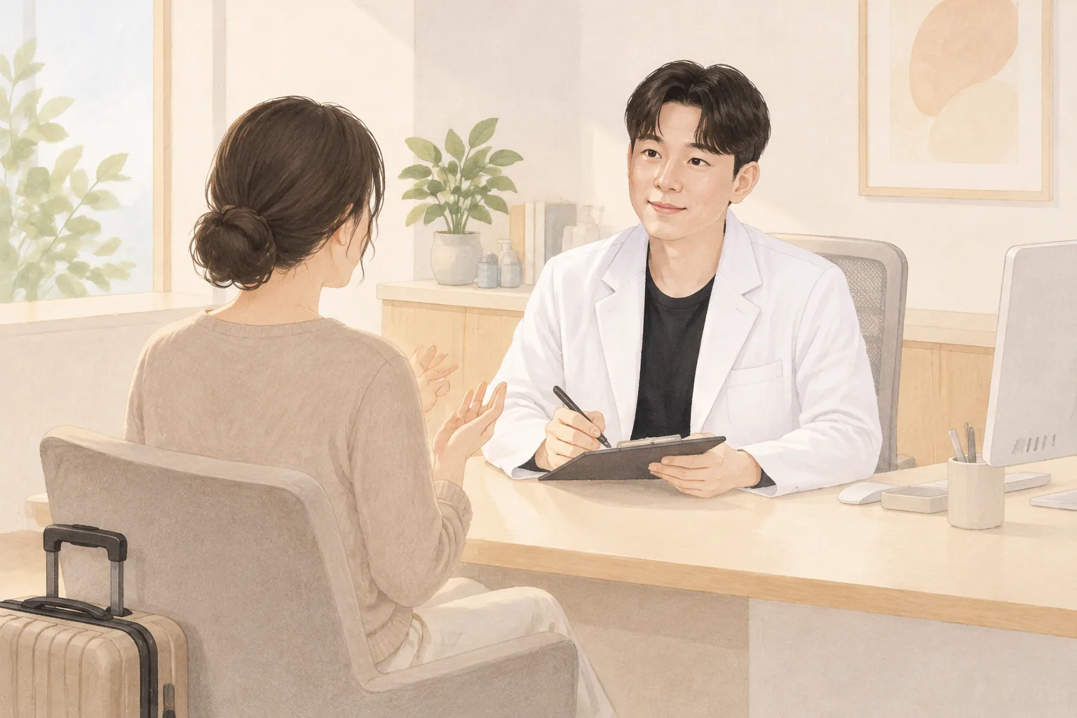 女性與醫師在小型行李箱旁諮詢