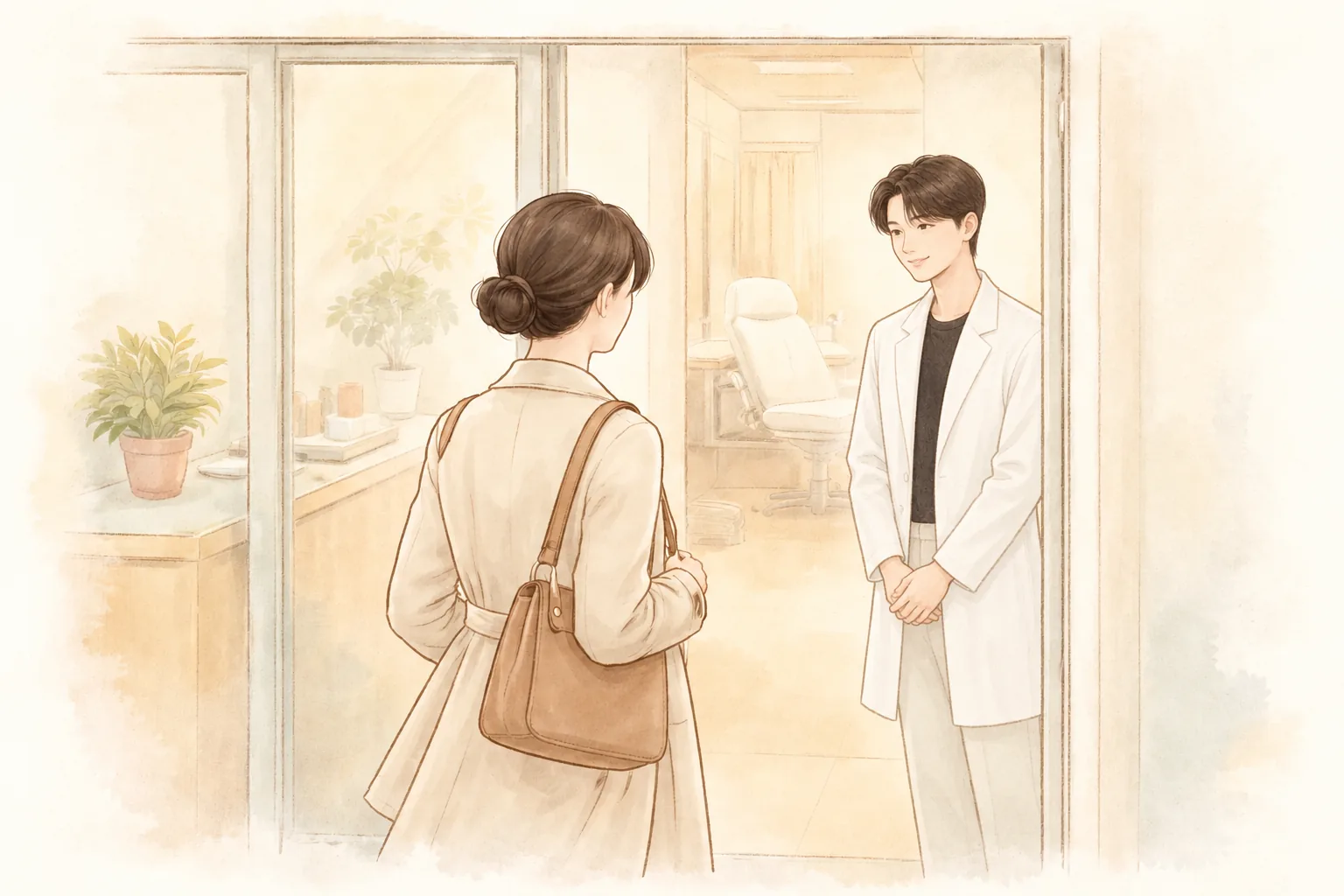 코트를 입고 가방을 멘 여성이 진료실 입구에서 의료진과 인사하는 모습