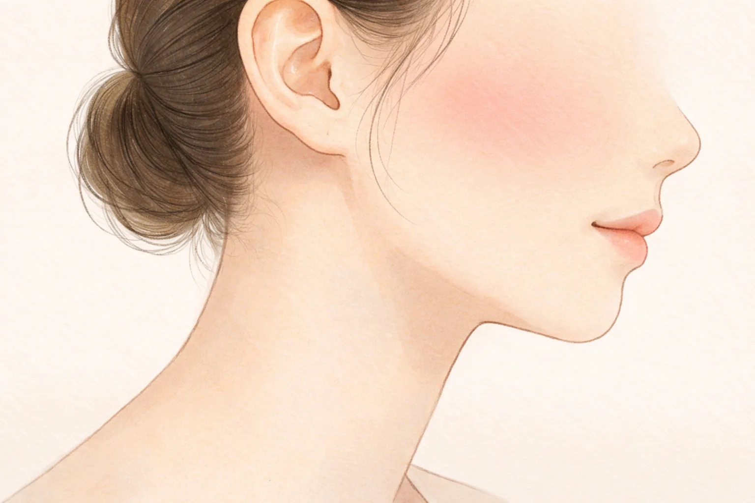 きれいにまとめた髪と赤らんだ顔を横から見た女性の様子