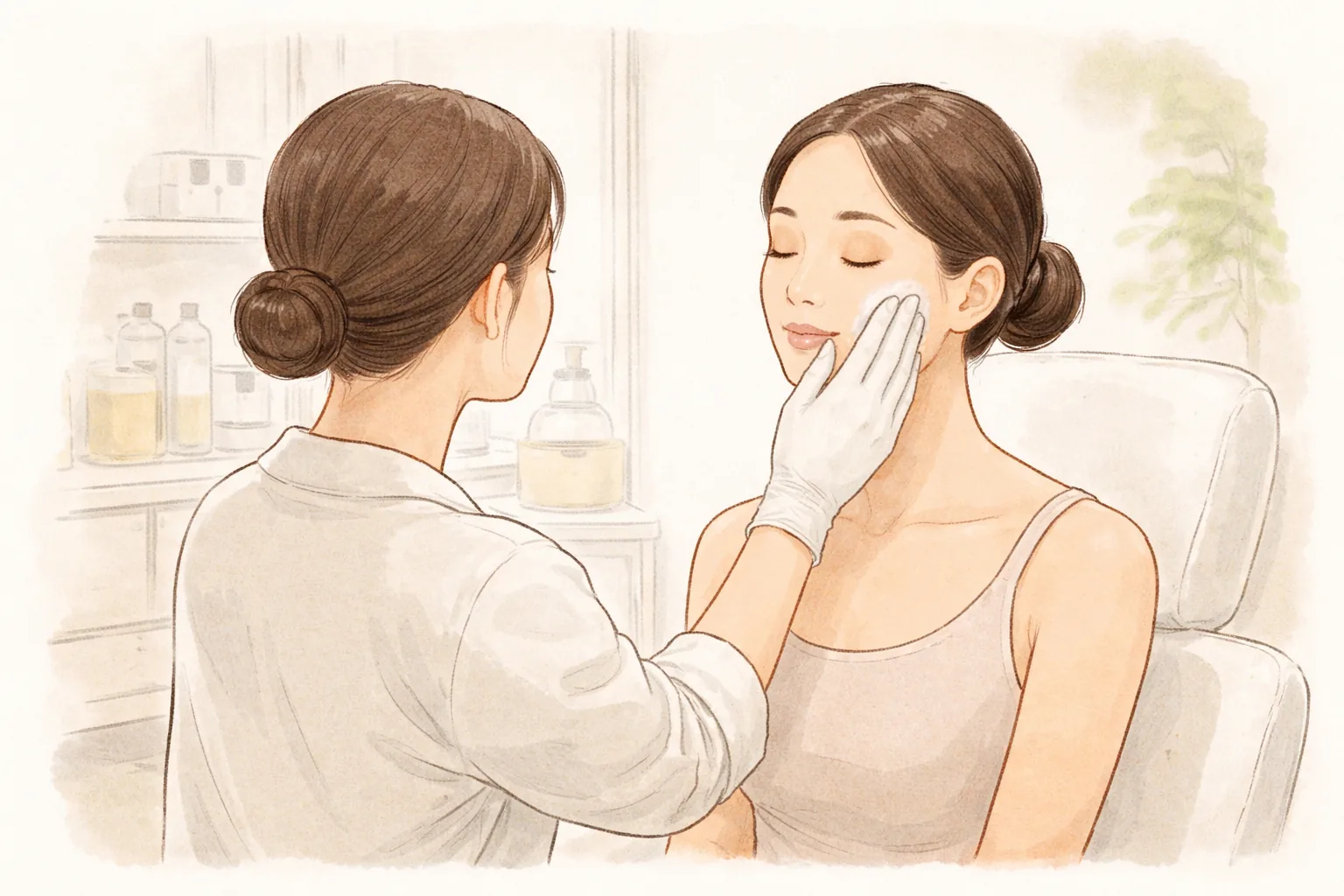 장갑 낀 의료진이 앉아 있는 여성 환자의 볼에 보습제를 바름