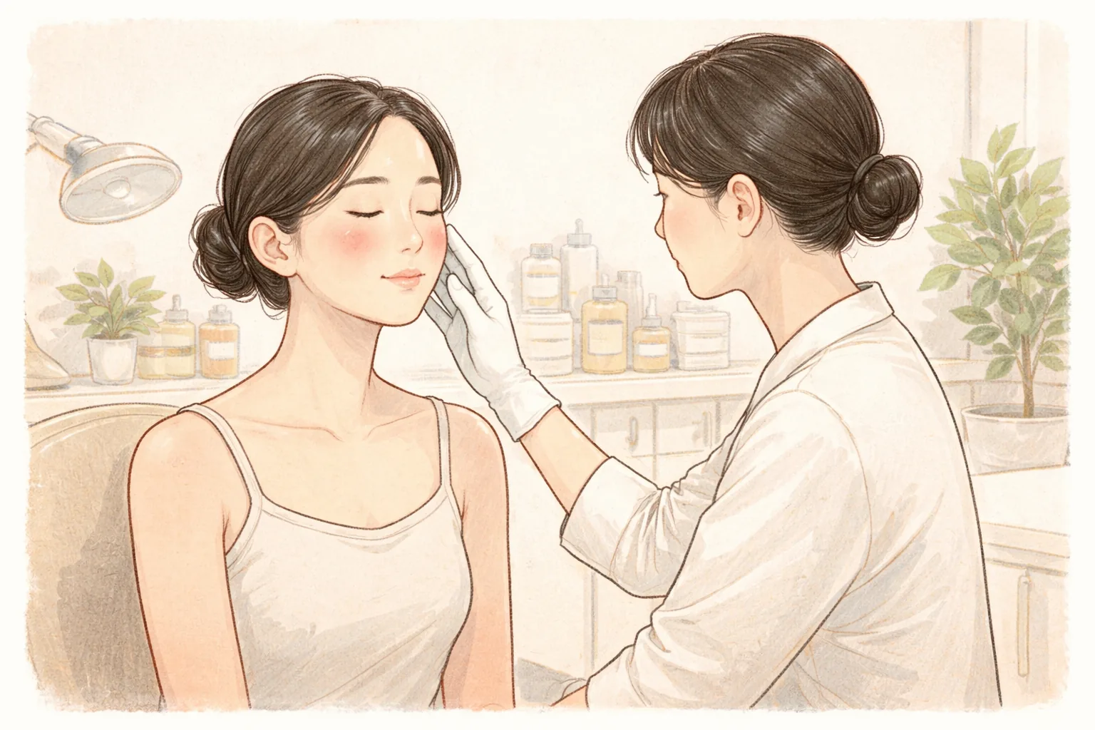 戴手套的医护人员查看泛红女性的脸颊