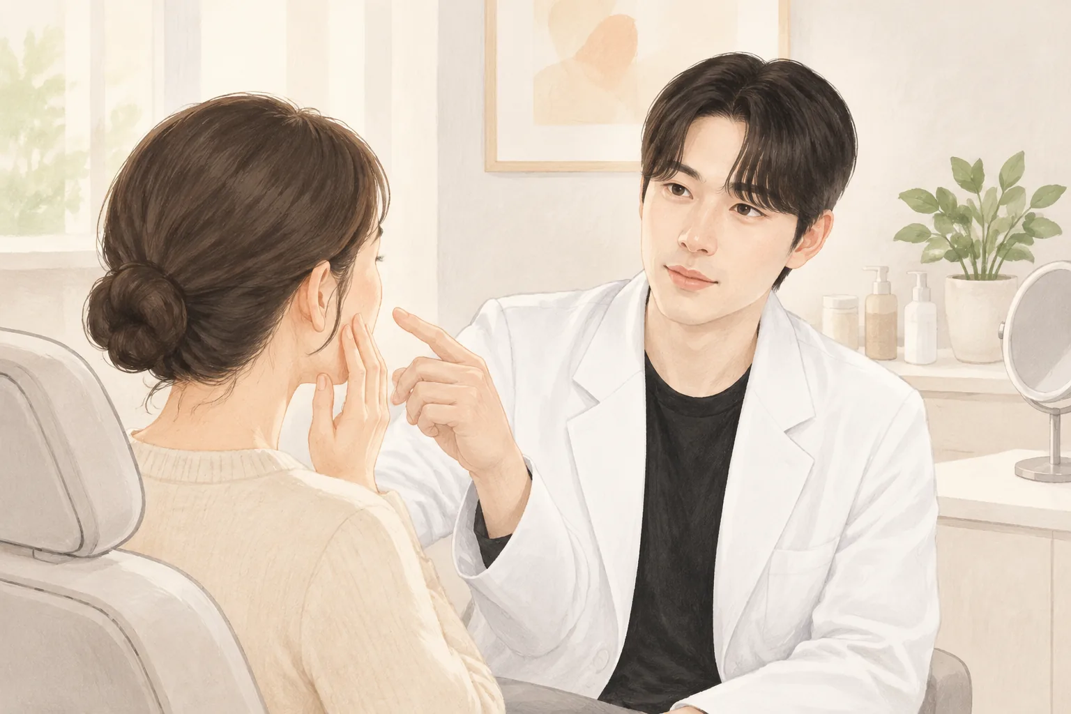 의자에 앉은 여성과 그 얼굴의 볼을 가리키는 남성 의료진