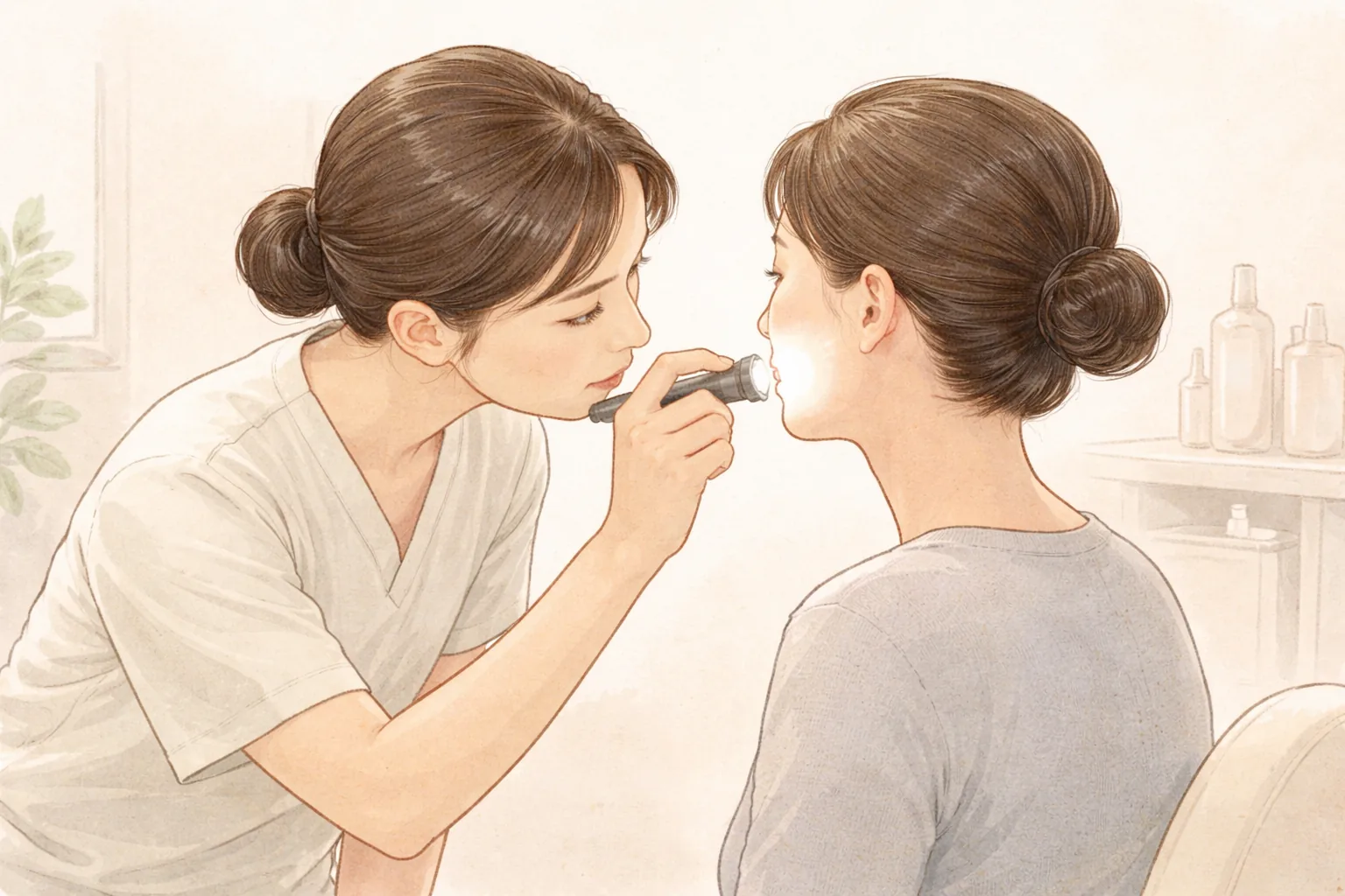 Clinician examining a woman's cheek with a light source
