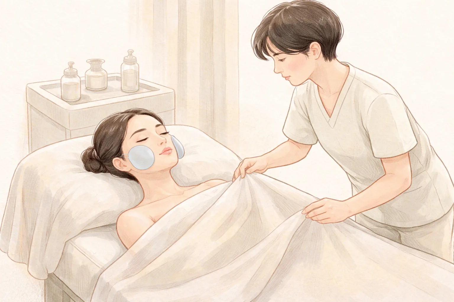 회복실 침대에 누워 얼굴에 냉각 패드를 붙인 여성과 옆에서 이불을 덮어주는 간호사
