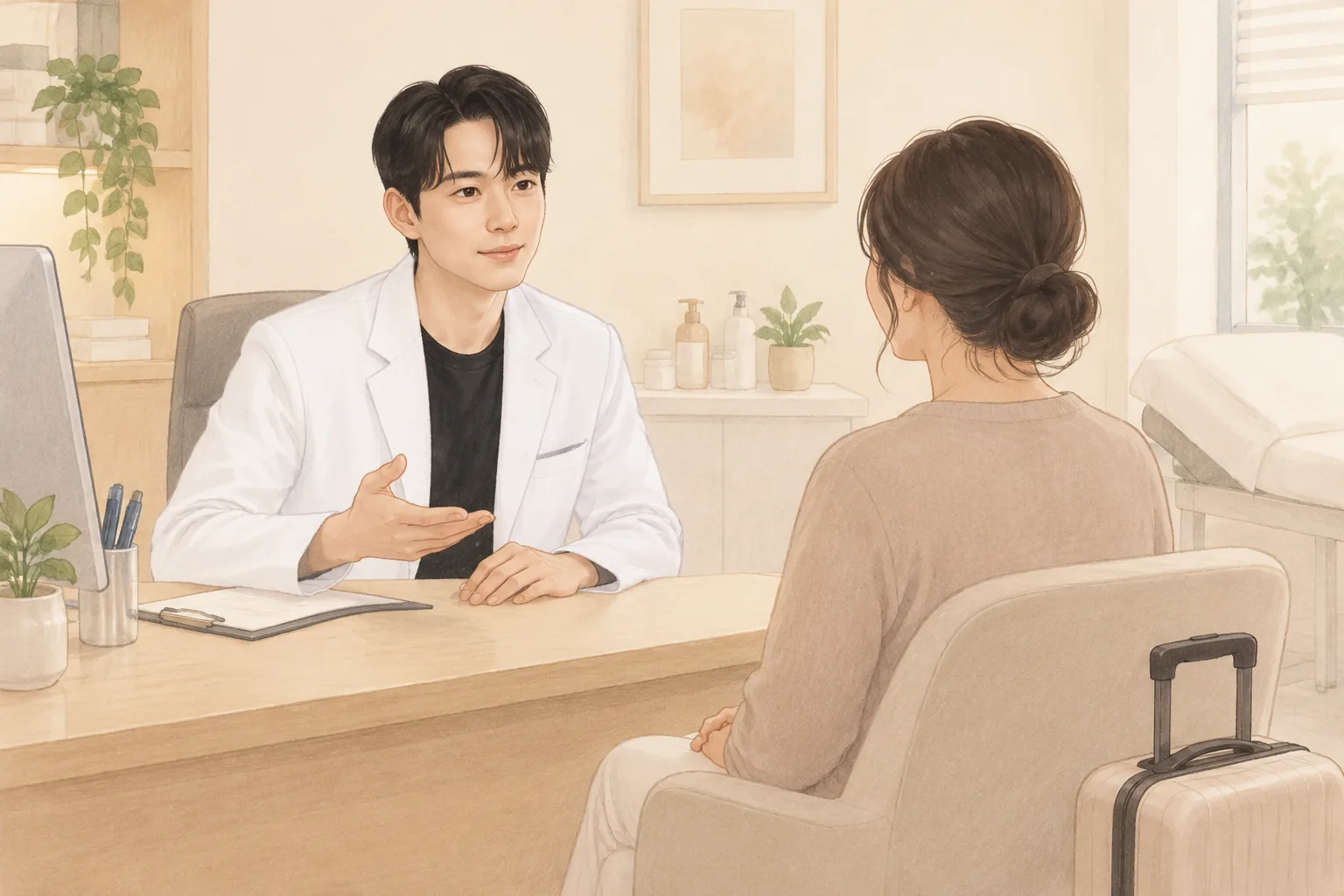 책상 앞에서 의사와 상담하는 환자와 작은 여행 가방