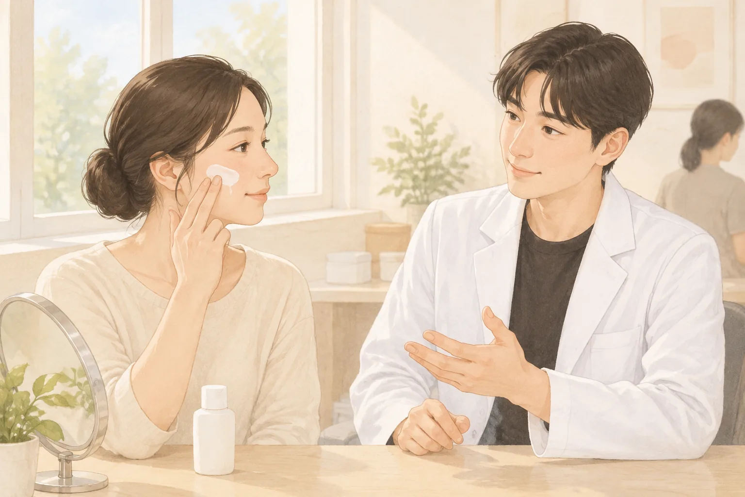 日焼け止めを頬に塗りながら医師と話す女性患者