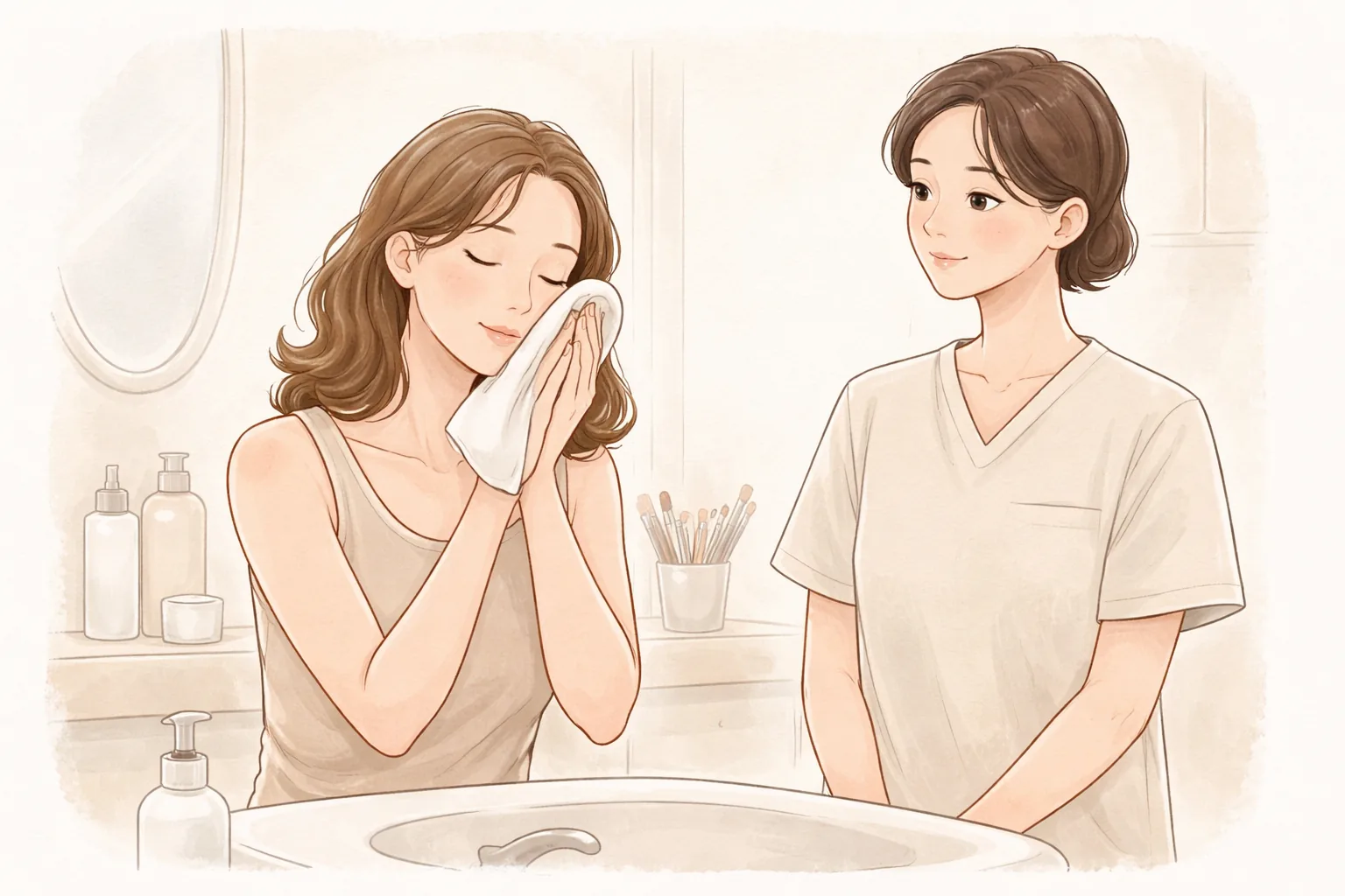 一名女性在洗手台前以毛巾按壓臉頰，另一名女性在旁觀看