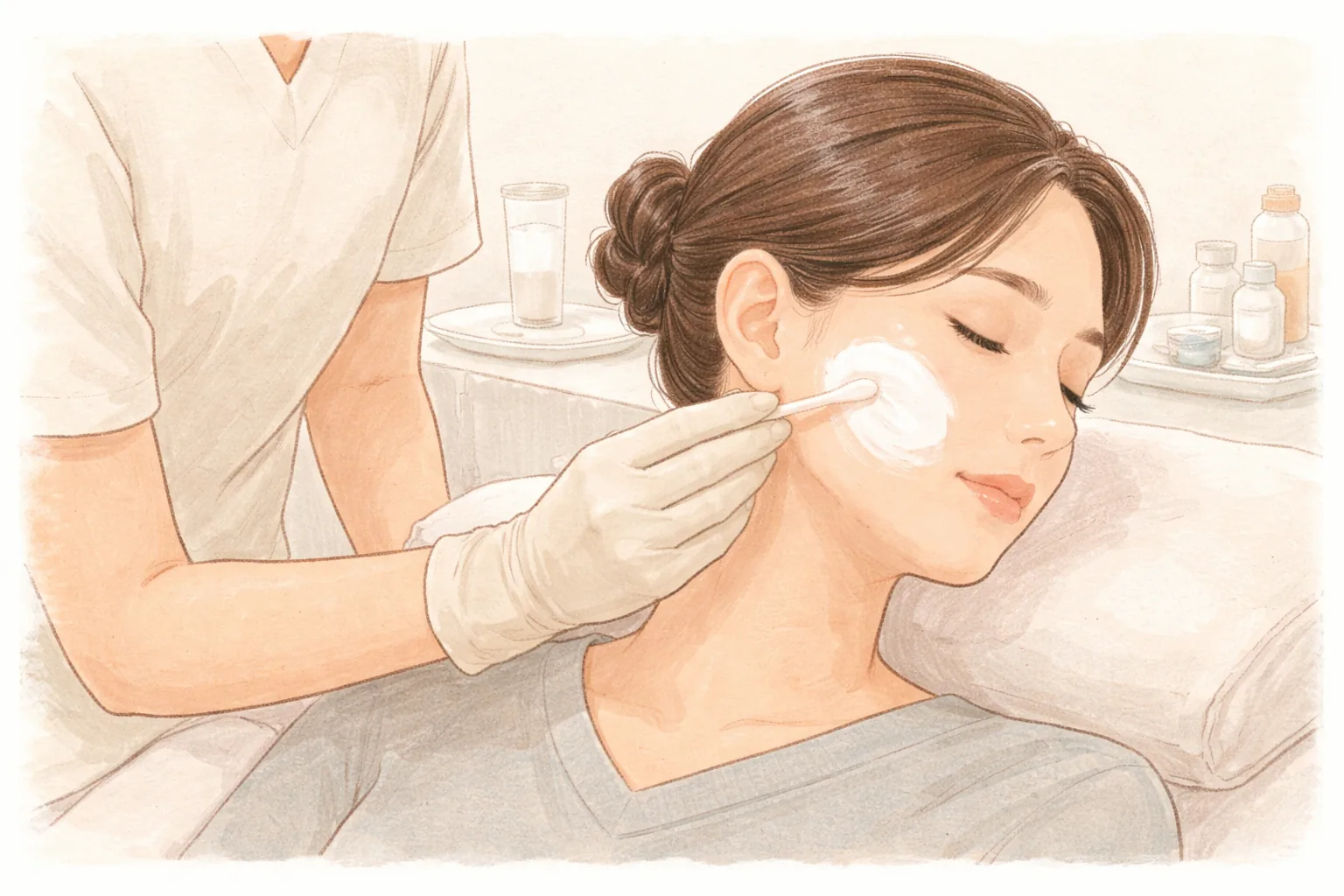 Woman lying down while a gloved clinician applies cream to her cheek