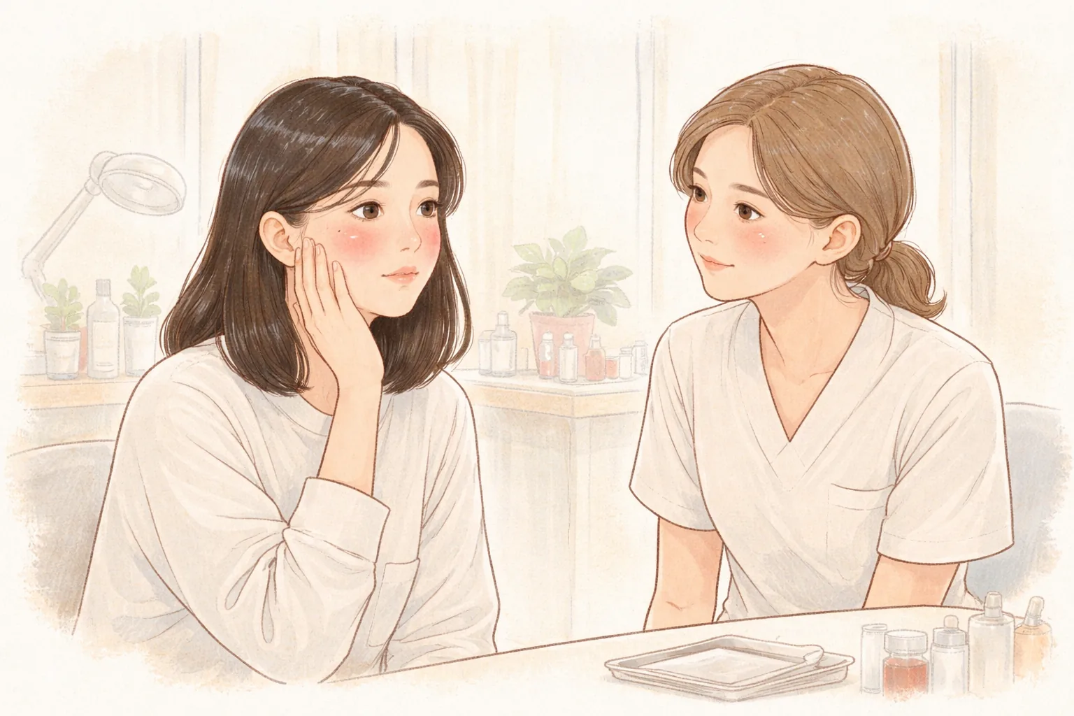 Two doctors sitting and talking with a woman whose cheeks are flushed