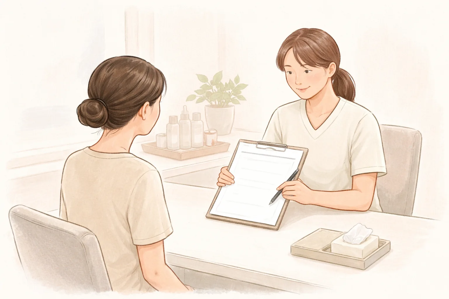 상담 테이블에 마주 앉아 서류를 보여주며 이야기하는 여성과 의료진