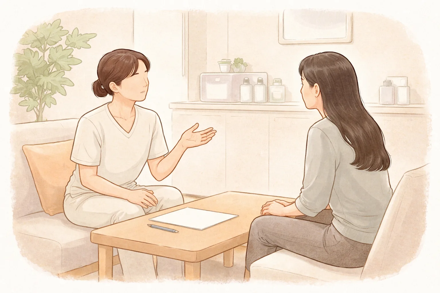 Two women sitting across from each other at a low table having a conversation