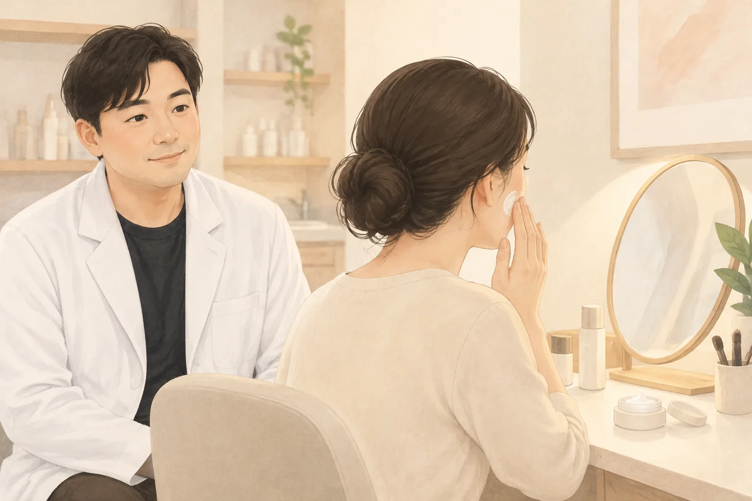 坐在化妝台前照鏡子、用指尖在臉頰塗抹保濕品的女性與看著她的男性