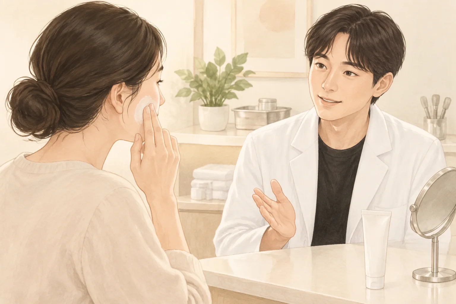 환자가 거울 앞에서 보습제를 볼에 바르고 남성이 상담하는 모습