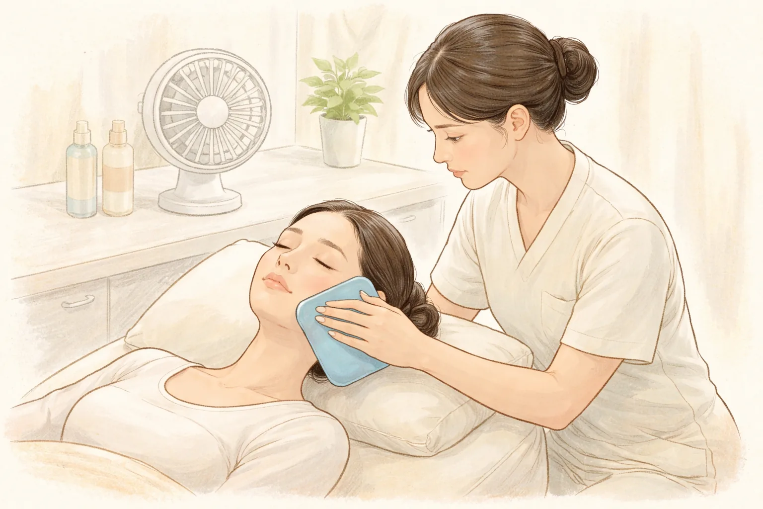 医疗人员把冷却凝胶敷垫贴在躺着的女性面颊上
