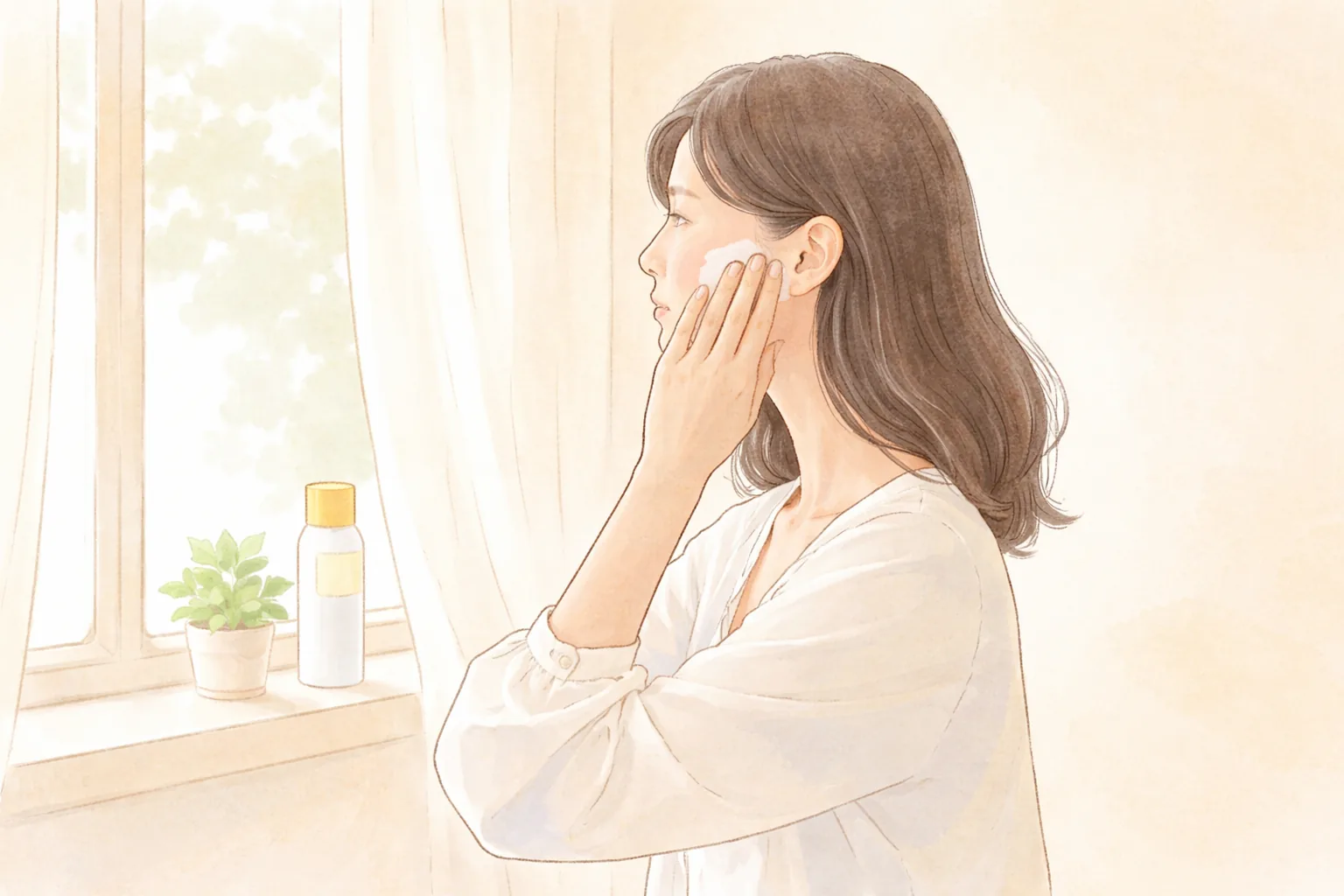 창가에서 손으로 볼에 자외선 차단제를 바르는 여성과 창틀 위 화장품