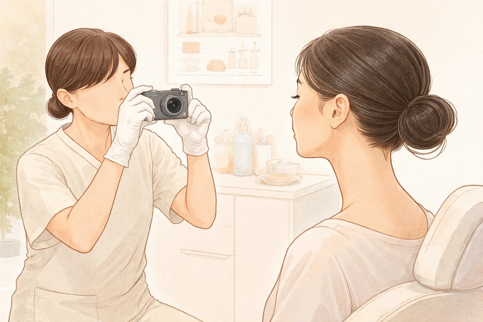Personal médico fotografiando con una cámara el rostro de una mujer que mira hacia un lado